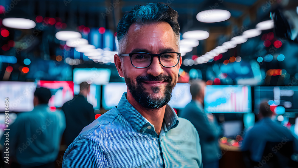 A scene of busy market trading with stock price monitors and a portrait of a satisfied man A scene of busy market trading with stock price monitors and a portrait of a satisfied man