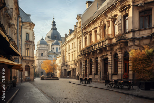Architectural marvels of Lviv Ukrainian city with cobblestone streets. Generative AI photo