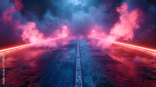 3d rendering old wet asphalt neon lights street with smoke on black background. generative ai  © Saleem