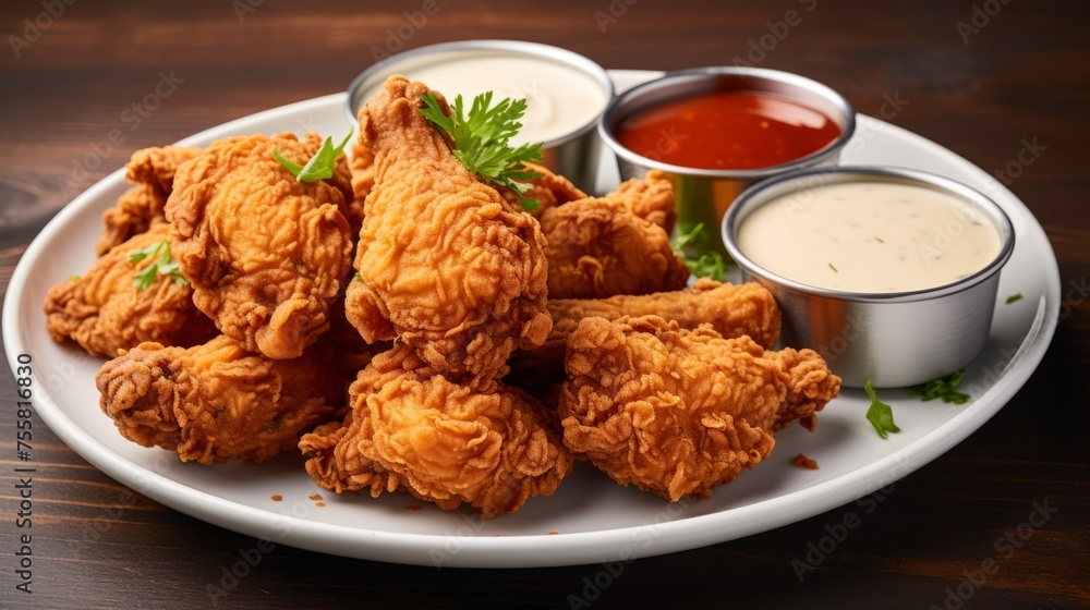 A plate of crispy and golden fried chicken with dipping sauces A plate of crispy and golden fried chicken with dipping sauces