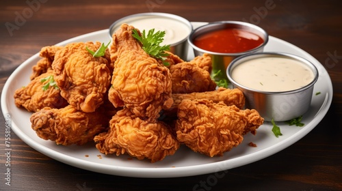 A plate of crispy and golden fried chicken with dipping sauces