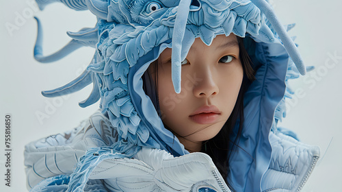 woman wearing surreal blue dragon shaped quilted hoodie with a voluminous layers of dragon texture, the hood part is made of blue dragons head , use blue and white as colour, avantgarde futurepunk sty photo