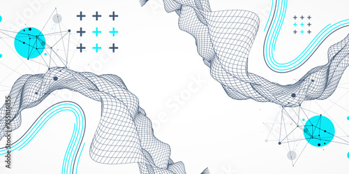 The abstract wave is made in a frame style. Template for science and technology presentation. Hand drawn vector art.