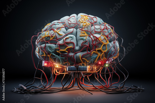 Human brain with many connected cables and wires. Generative AI