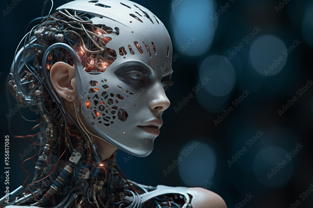 Neural network human cyborg, artificial intelligence. Generative AI
