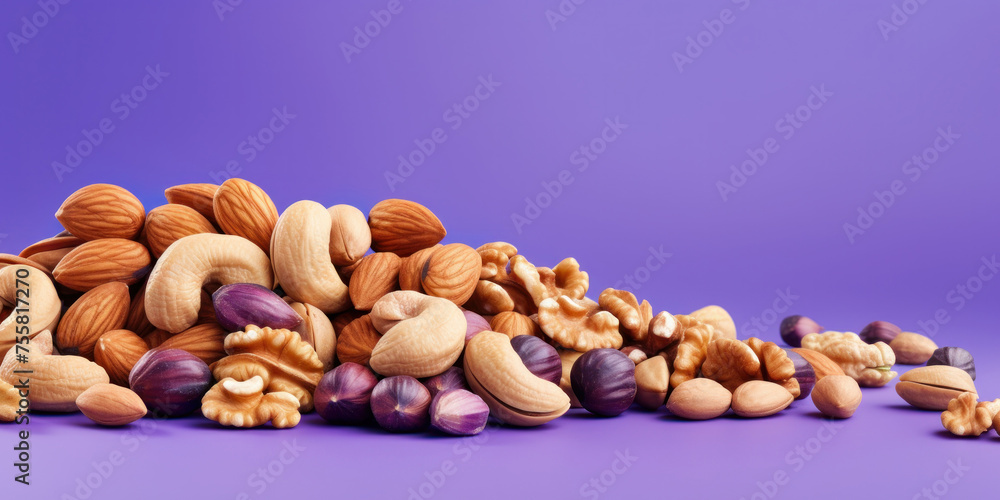 Mix of dried almonds, walnuts, hazelnuts, peanuts and cashew nuts on a purple background. Blank space for product placement or advertising text. Mix of dried almonds, walnuts, hazelnuts, peanuts and cashew nuts on a purple background. Blank space for product placement or advertising text.