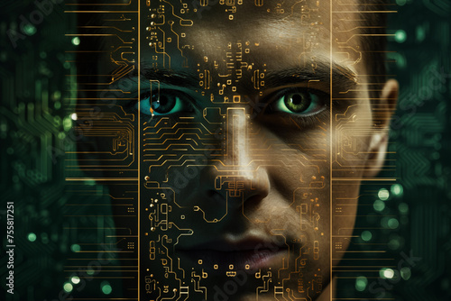 Printed circuit board on young male face futuristic background. Generative AI