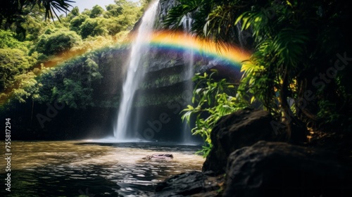 A rainbow emerging from behind a tranquil waterfall