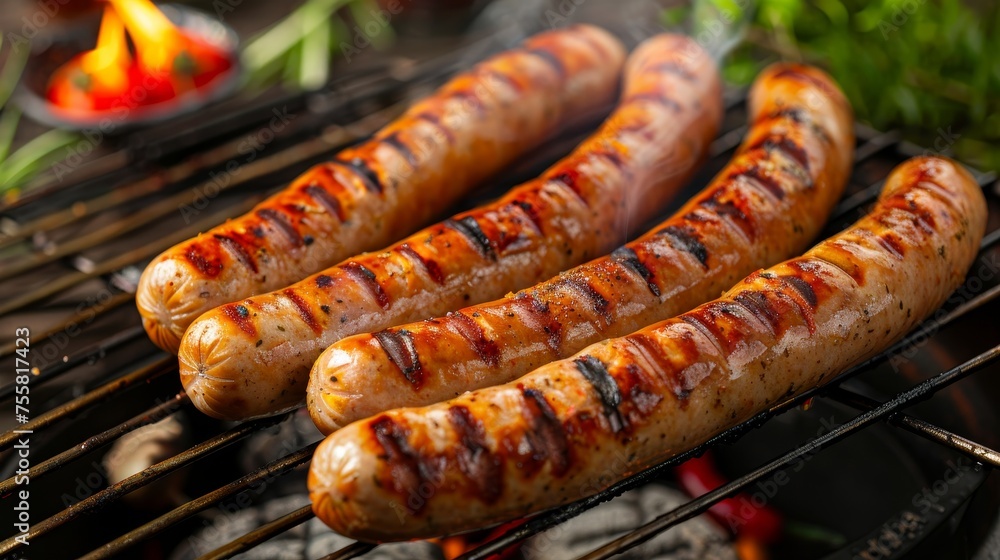 Grilled sausages and delicious ingredients on clean table   realistic food photo