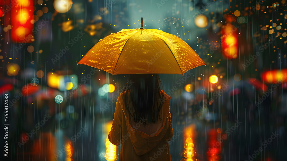Under the orangetinted sky, a woman holds a yellow umbrella in the rainy city