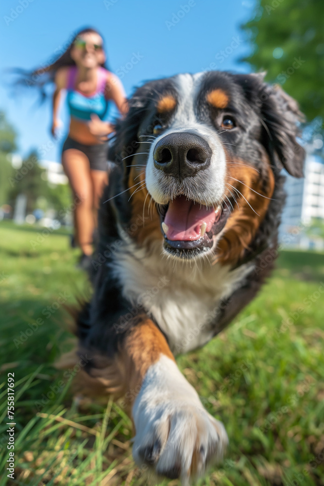 Jogger girl running with her young Bernese Mountain dog