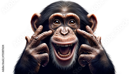 Portrait of a chimpanzee with a comical expression, hands on face and mouth open in apparent laughter. Amused Chimpanzee Gesturing with a Wide Open Mouth
