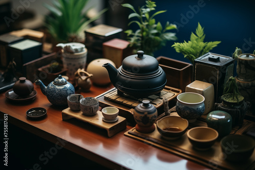 Traditional japanese tea ceremony, utensils arranged neatly. Generative AI photo