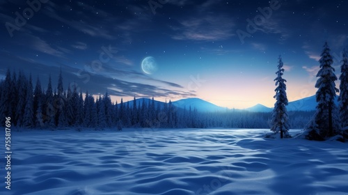 A snow covered landscape under a full moon © Cloudyew