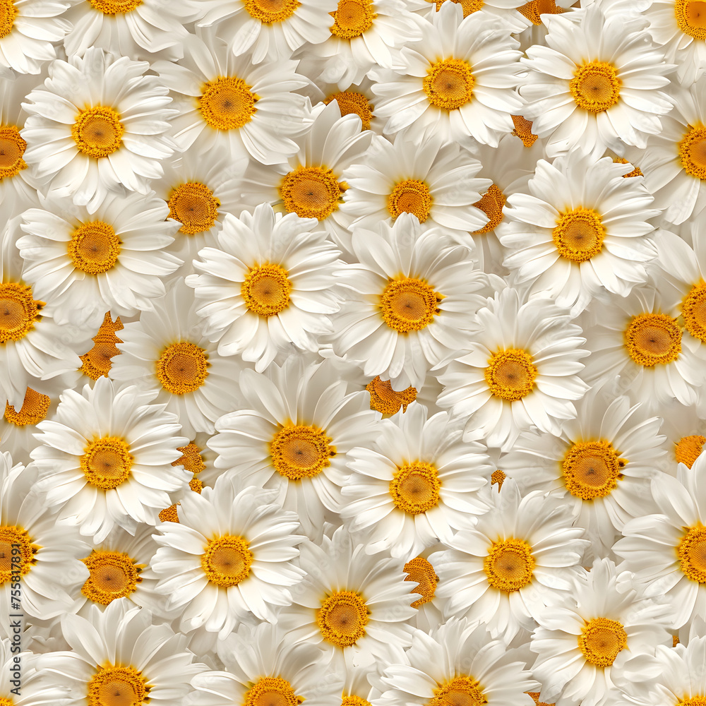 A Lot Of White Yellow Daisies or chamomile flowers - for full-frame background and seamless texture. Neural network generated image. Not based on any actual scene or pattern. A Lot Of White Yellow Daisies or chamomile flowers - for full-frame background and seamless texture. Neural network generated image. Not based on any actual scene or pattern.