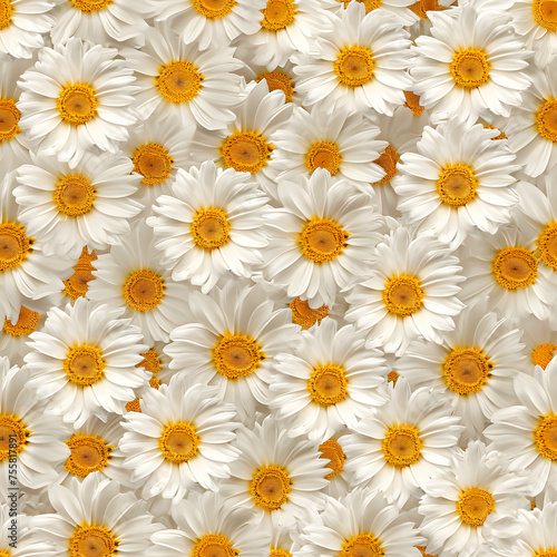 A Lot Of White Yellow Daisies or chamomile flowers - for full-frame background and seamless texture. Neural network generated image. Not based on any actual scene or pattern.