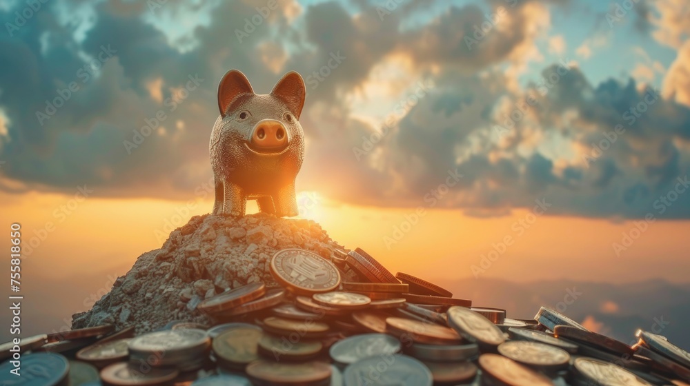 A piggy bank hiking up a mountain of coins, representing the journey of wealth accumulation and financial success - obrazy, fototapety, plakaty 