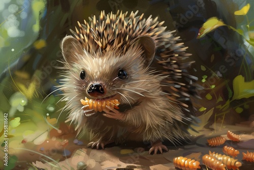 Concept Art of A tiny hedgehog snacking on mealworms.