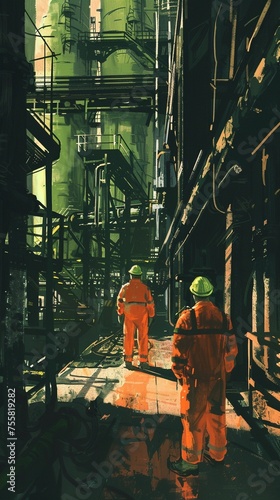 Digital painting of An occupational health and safety specialist inspecting a factory floor.