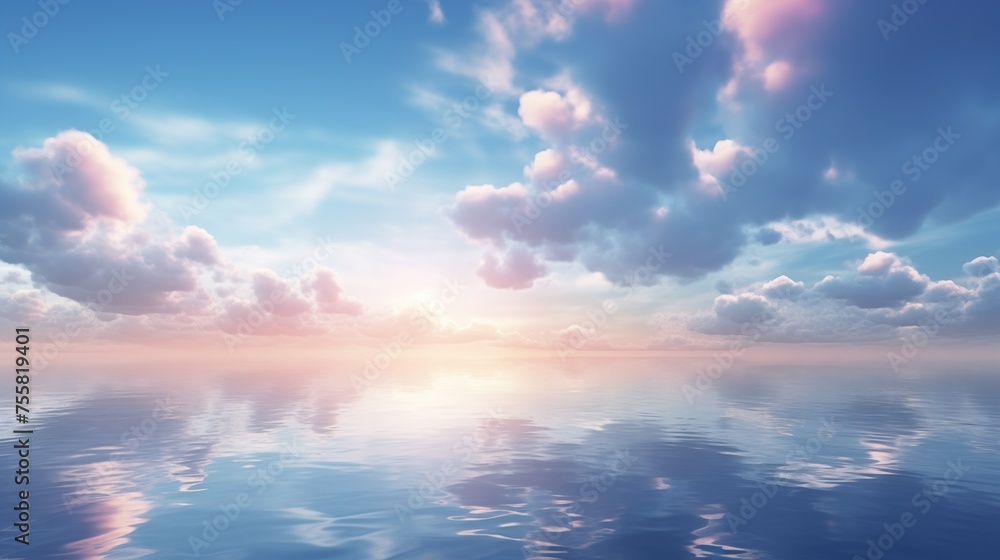 Clouds in the morning sky over the sea background pattern. Sunset or sunrise wallpaper. Decorative horizontal banner. Digital artwork raster bitmap illustration. AI artwork.