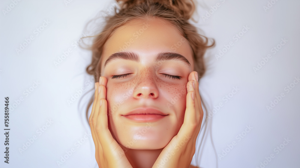 Fototapeta premium Young woman doing face building, facial gymnastics, self massage and rejuvenating exercises