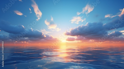 Clouds in the morning sky over the sea background pattern. Sunset or sunrise wallpaper. Decorative horizontal banner. Digital artwork raster bitmap illustration.  © Oxana