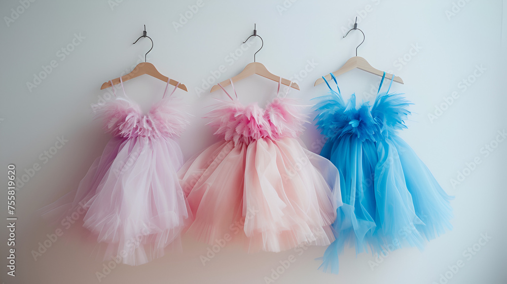 Beautiful dressy lush pink and blue dresses for girls on hangers at the background of white wall.. generative ai 