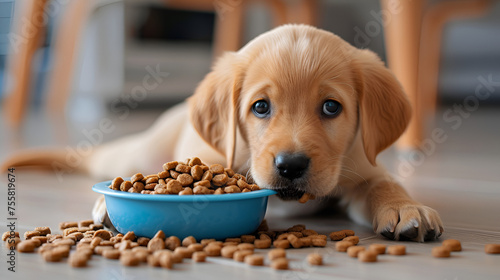 A little puppy gazes thoughtfully at a blue bowl brimming with dog food  scattered on a light wooden floor. generative ai 