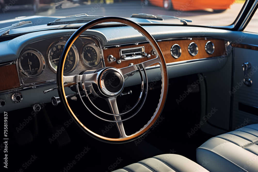 Steering wheel and cabin interior of stylish vintage car. Generative AI