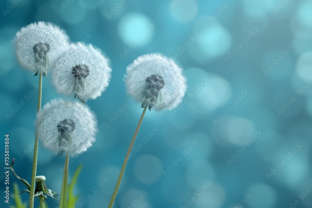 Obraz premium Three Dandelions Against Blue Background