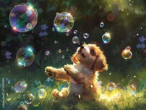 Fantasy Art ofA puppy trying to catch bubbles with its paws.