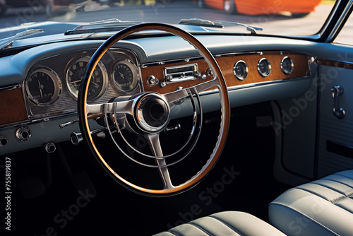 Steering wheel and cabin interior of stylish vintage car. Generative AI © Nomad_Soul