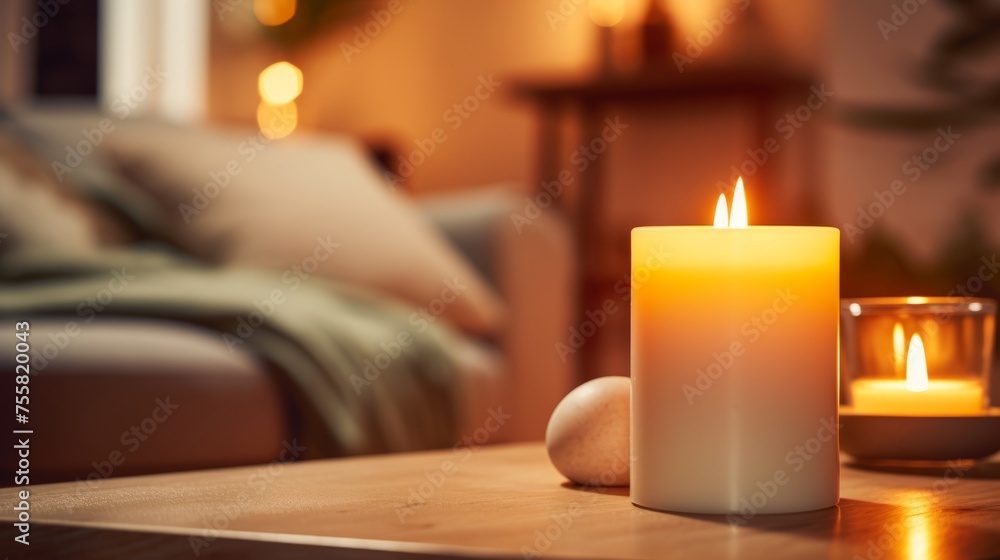 A closeup of a flickering candle in a cozy home A closeup of a flickering candle in a cozy home