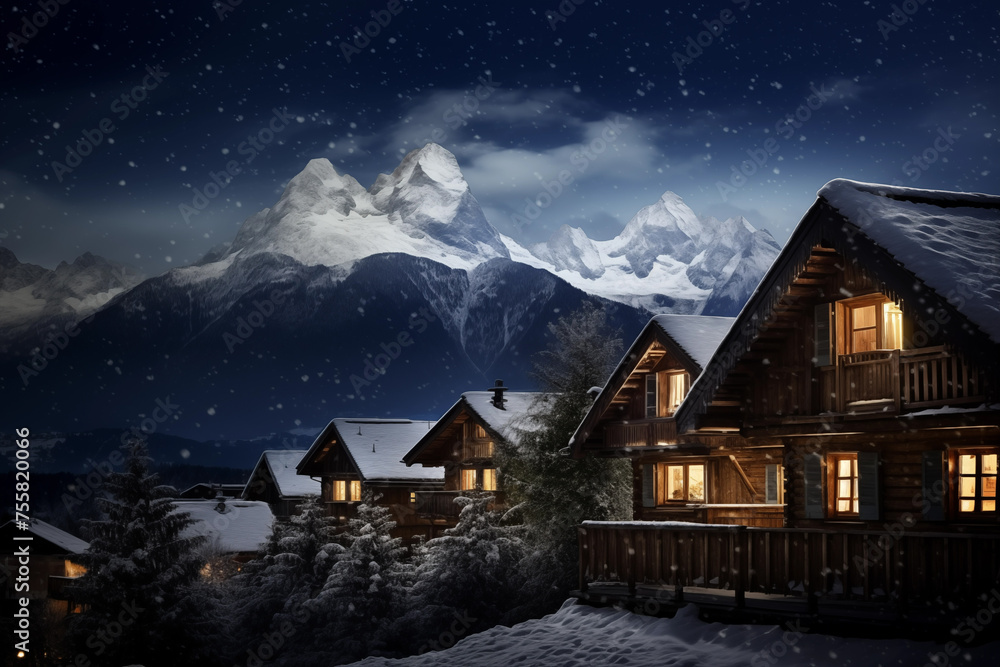 Cozy wooden houses in mountains under starry night sky. Generative AI