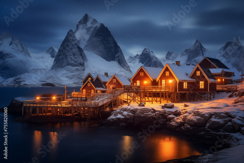 Night scene of wooden houses against snow-covered mountains ridge. Generative AI