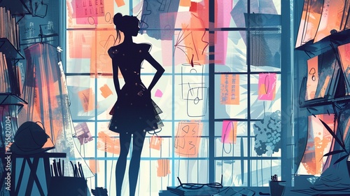 Kawaii Art of A scene of a fashion designer brainstorming in a studio filled with fabric swatches and sketches.