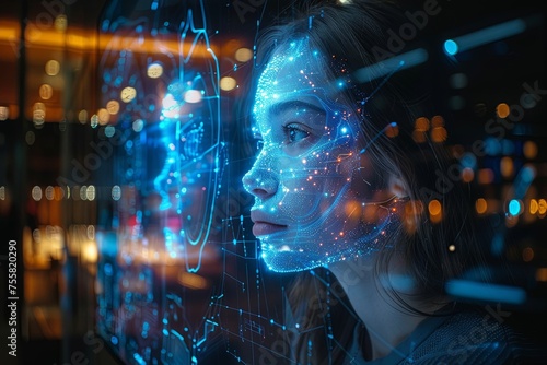 woman and an artifical intelligence figure represented by a blue light hologram