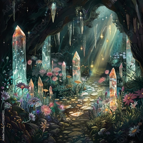 A secret garden underground where the flowers are crystals that glow in the dark generative ai photo