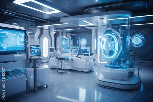 Futuristic medical facility lab where chip implants are standard practice for patient identification. Generative AI