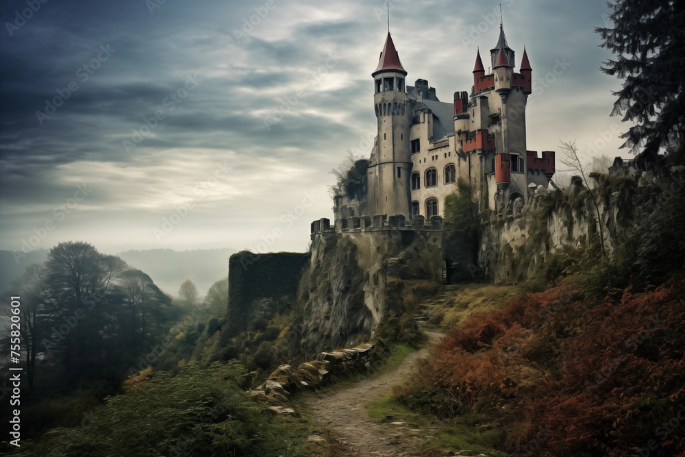 Castle looming on a hilltop. Generative AI Castle looming on a hilltop. Generative AI