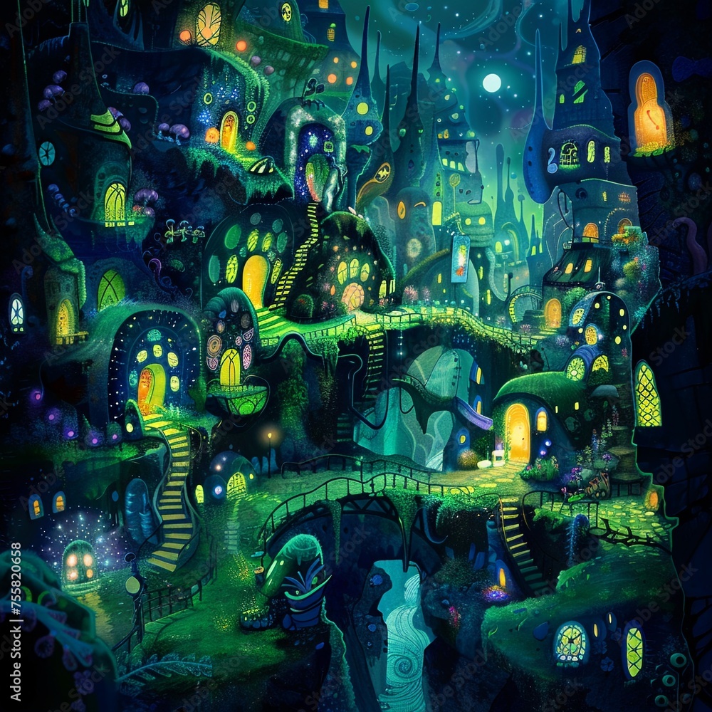 Obraz premium A whimsical underground city illuminated by bioluminescent plants and inhabited by friendly monsters generative ai
