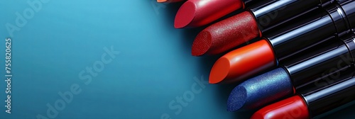 Lipstick. Fashion Colorful Lipsticks banner. Lipstick tints palette  Professional Makeup and Beauty. Beautiful Make-up concept. Lipgloss. Lipsticks closeup