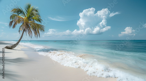 a nice beach with white sand cloud palm tree, generative ai