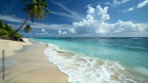 a nice beach with white sand cloud palm tree, generative ai