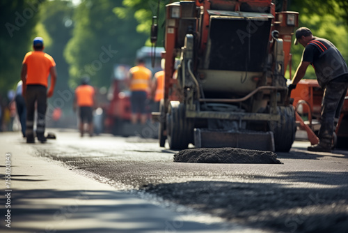 Asphalt paver laying down fresh asphalt on a road, with workers smoothing the surface behind it. Generative AI