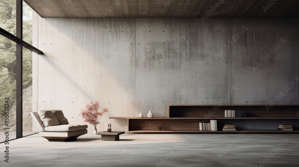 A minimalist interior space in a harmonious brutalist environment A minimalist interior space in a harmonious brutalist environment