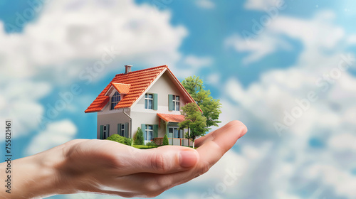 Hand holding a house. Real estate home ownership concept image. Conceptual property insurance and investment.