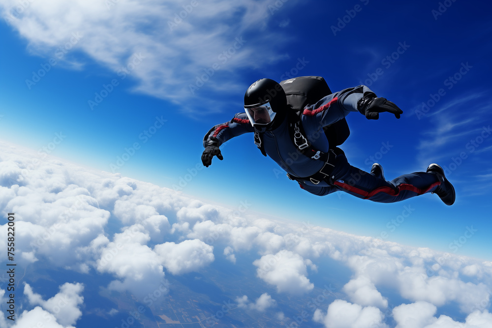 Skydiver performing a daring stunt showcasing skill and agility. Generative AI - obrazy, fototapety, plakaty 