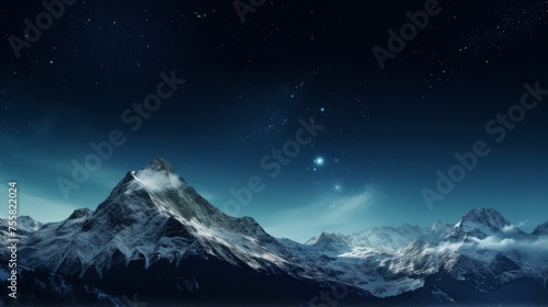 A snowy mountain peak with a starry night sky