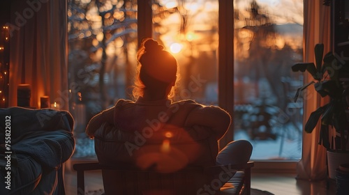 Woman Indoor Relaxing During Winter Solstice with Sunset View photo
